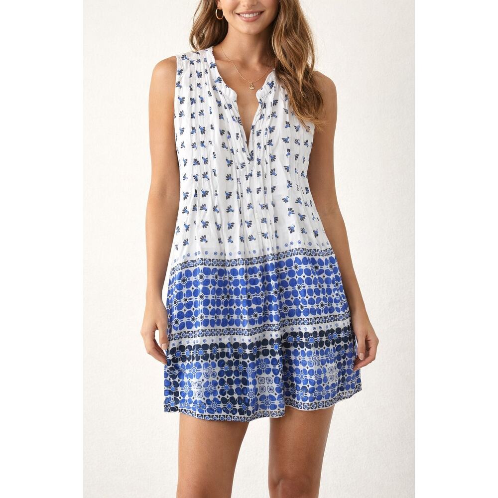 Roller Rabbit Printed Sleeveless Tunic Mini Dress White Blue Large